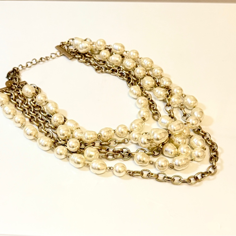 Chico's Faux Pearl Gold Chain Layered Statement Necklace - Picture 6 of 7